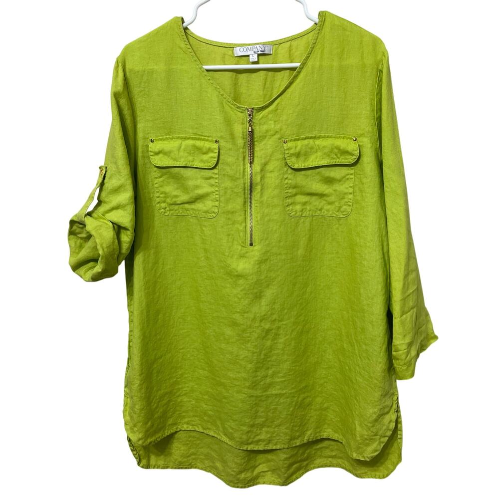Company Ellen Tracy Women’s Tunic Sz Large Linen Green/Gold 3/4 Roll Tab Sleeve